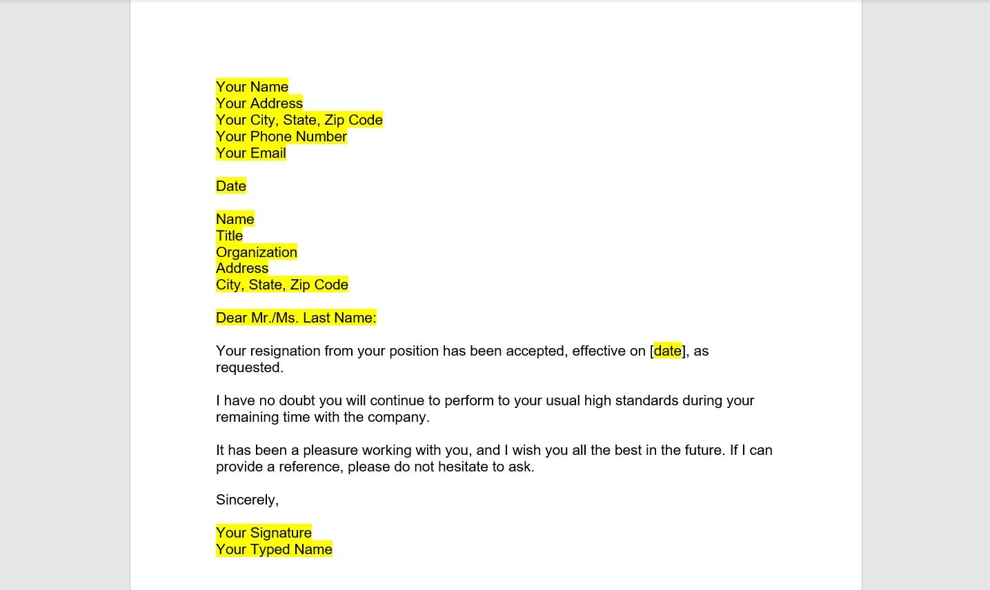 Resignation Acceptance Letter Template Resignation Acceptance Etsy