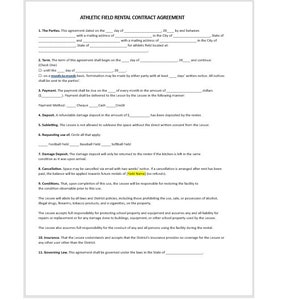 Acuerdo de campo atlético, Plantilla de acuerdo de campo atlético, Acuerdo de campo atlético editable, Acuerdo de alquiler, Plantilla de Word, Plantilla