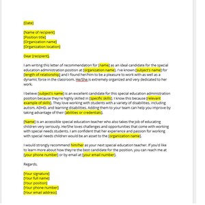 Plantilla de carta de recomendación para administrador de educación especial, carta de recomendación para administrador de educación especial, recomendación