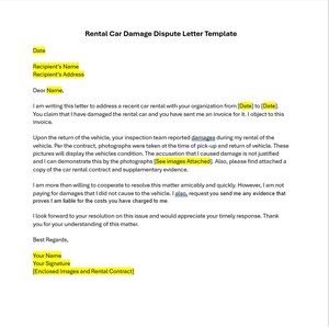 Plantilla de carta de disputa por daños a vehículos de alquiler, carta de disputa por daños a vehículos de alquiler, plantilla de disputa por daños a vehículos de alquiler, plantilla de Word, carta simple