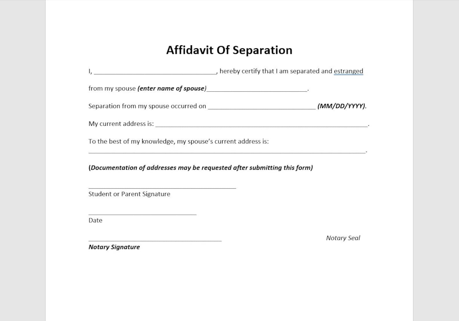 Affidavit of separation letter affidavit of separation template