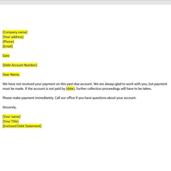 Past Due Debt Collection Letter Template, Debt Collection Letter, Debt Collection Template, Word Template, Simple Letter, Word Letter