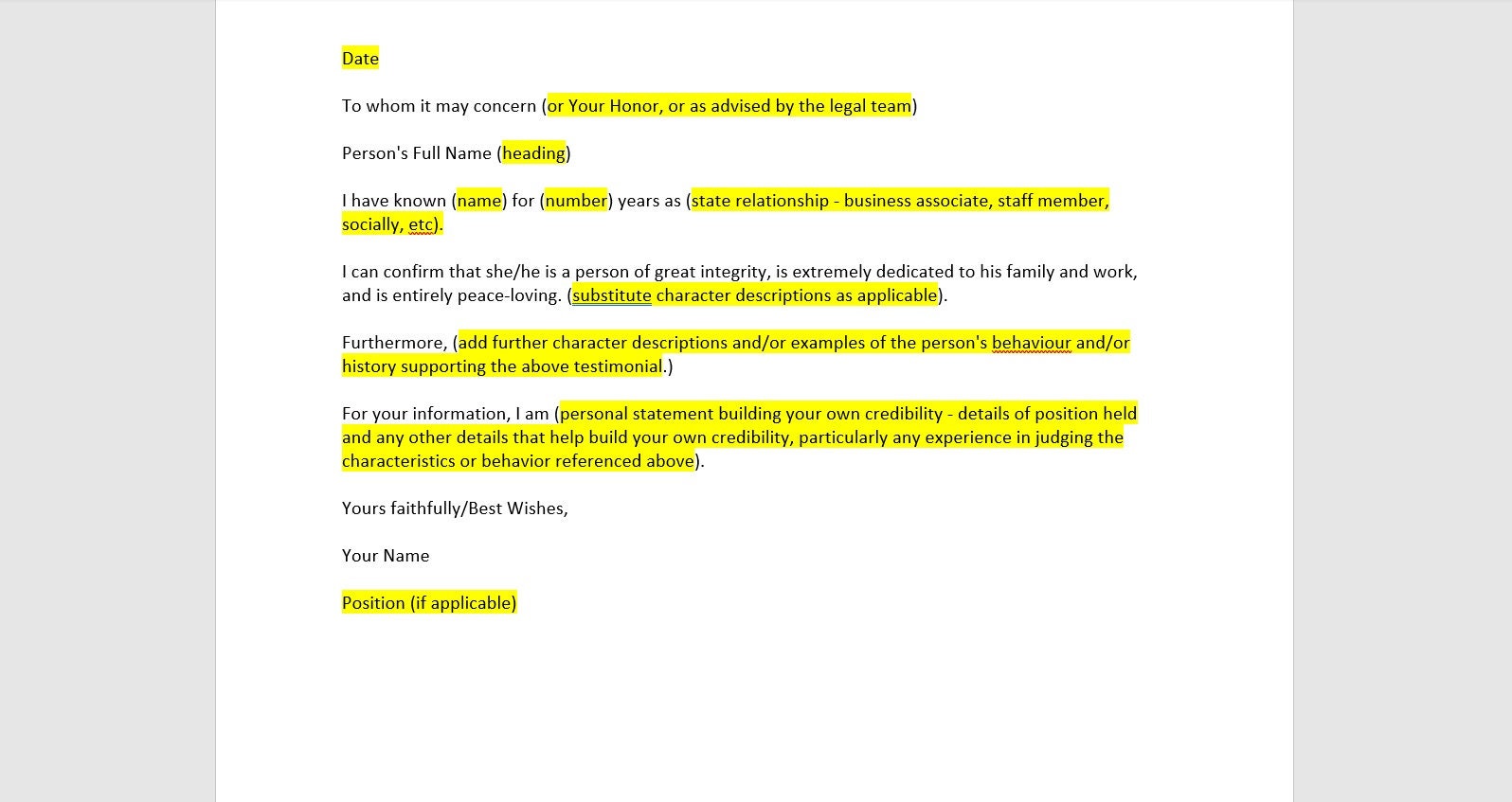 Court Character Reference Letter Template Court Character Reference 