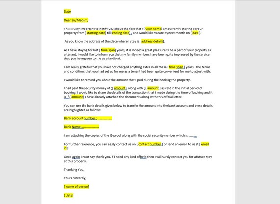 Modello di lettera di richiesta di rimborso del deposito cauzionale, lettera di rimborso del deposito cauzionale, modello di rimborso del deposito ...