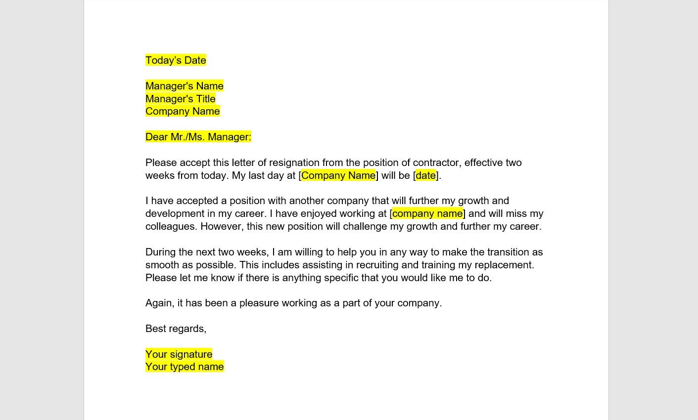 Contractor Resignation Letter Template Resignation Letter Etsy Israel