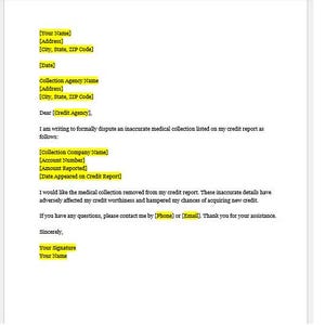 Plantilla de carta de disputa de informe de crédito médico, carta de disputa de informe de crédito, plantilla de disputa de informe de crédito, plantilla de Word, carta simple