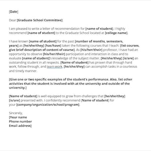 Plantilla de carta de recomendación de escuela de posgrado, carta de recomendación académica, plantilla de recomendación académica, plantilla de Word