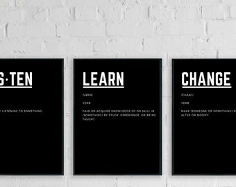 Set of 3 Social Justice Prints, Listen Print, Learn Print, Change Print, Home Decor, Work Decor, Human Rights, Definition Print