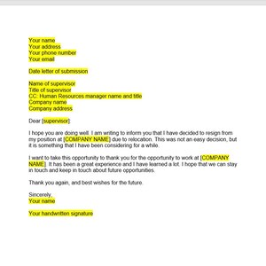 May include: A resignation letter template with a formal business letter format. The letter is addressed to a supervisor and includes a company name, date, and signature line.