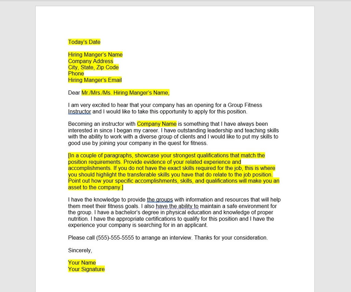 Group Fitness Instructor Cover Letter, Group Fitness Instructor Cover ...