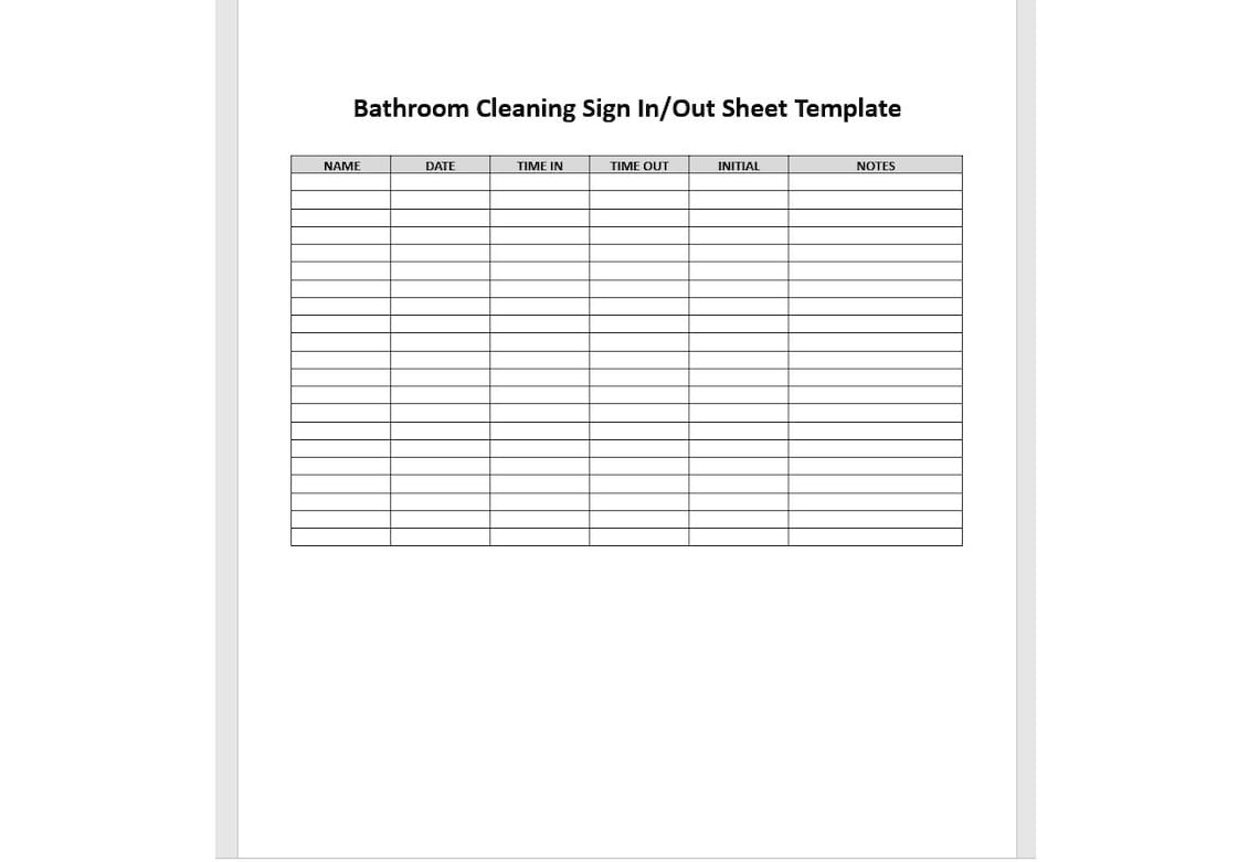 Bathroom Cleaning Sign in Out Sheet, Sign in Out Sheet Template, Sign ...