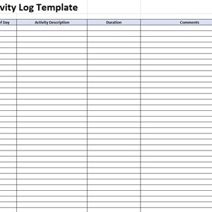 May include: A physical activity log template with a light blue header that reads "Physical Activity Log Template". The template includes columns for "Day of Week", "Time of Day", "Activity Description", "Duration", and "Comments".