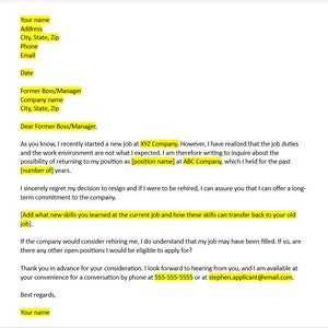 Solicitar devolución de trabajo anterior, Solicitar carta de devolución de empleo anterior, Carta de devolución de trabajo, Plantilla de carta de trabajo, Plantilla de Word, Carta simple, Plantilla