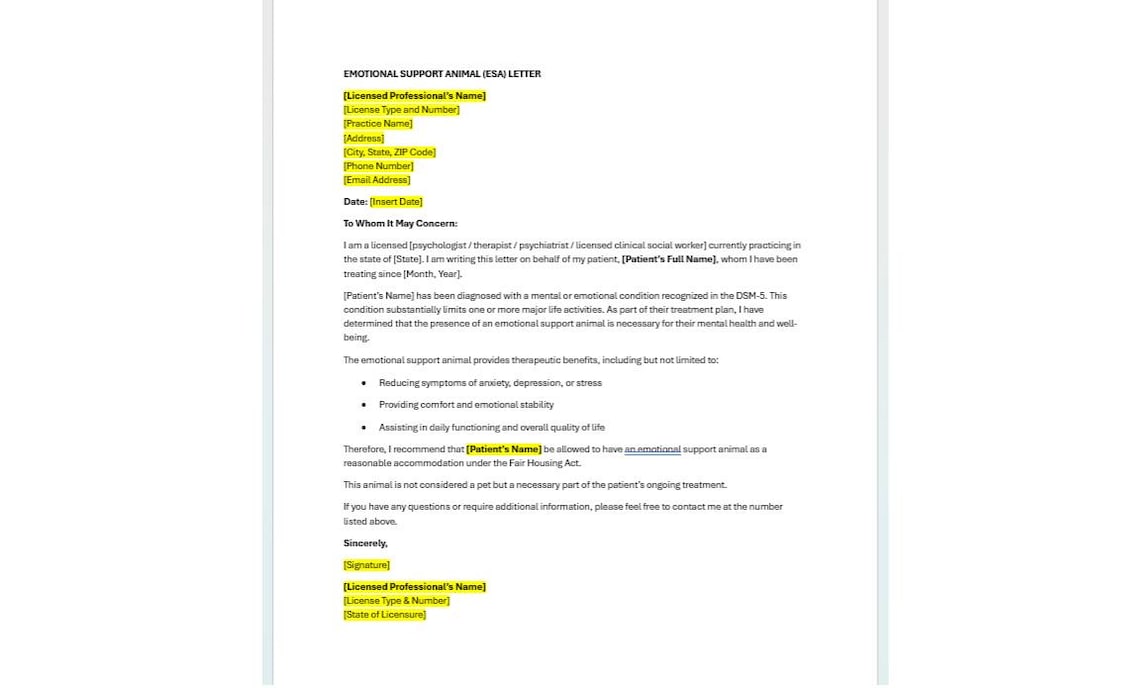 Editable Emotional Support Animal (ESA) Letter, Emotional Support ...