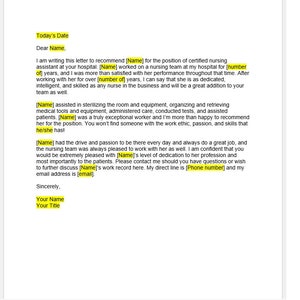 Plantilla de carta de recomendación de CNA de asistente de enfermería certificado, carta de recomendación de asistente de enfermería certificado, plantilla de Word