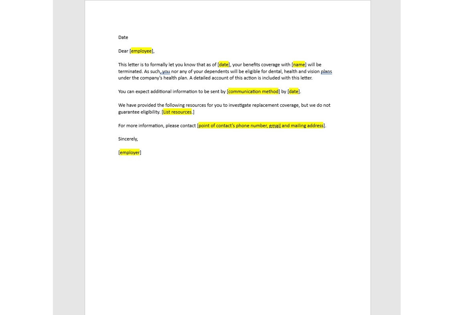 Sample Benefits Termination Letter Sample Benefits Termination Letter