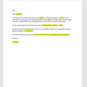 Plantilla de carta de terminación de beneficios editable, plantilla de carta de terminación de beneficios, terminación de beneficios, plantilla de Word, carta simple
