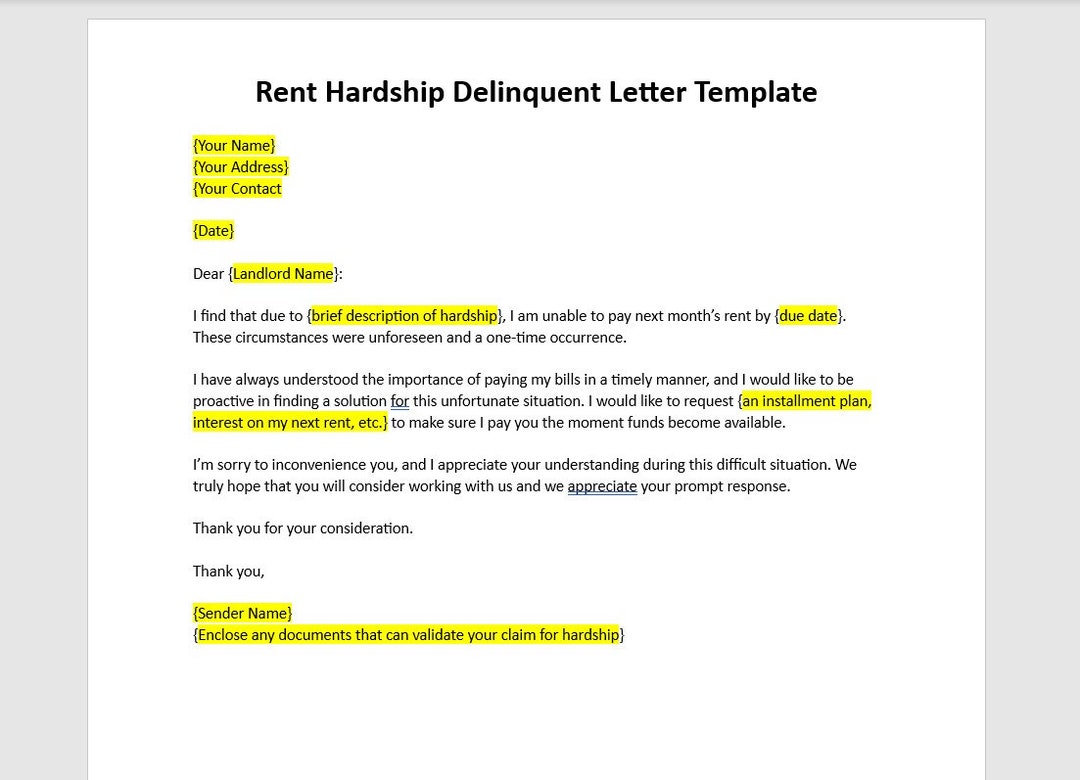 Editable Rent Hardship Delinquent Letter Template, Rent Hardship Editable Rent Hardship Delinquent Letter Template, Rent Hardship