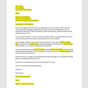 Plantilla de carta de bienvenida para nuevo inquilino, carta de bienvenida para nuevo inquilino, plantilla para nuevo inquilino, carta para nuevo inquilino, plantilla de Word, carta simple
