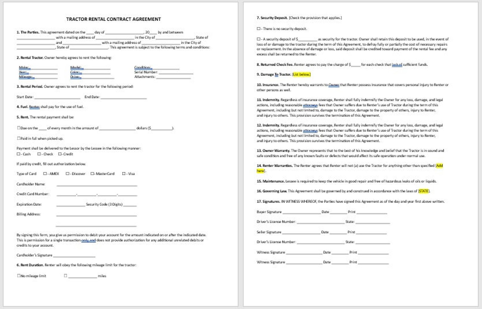 Tractor Rental Contract Agreement, Tractor Rental Contract Template