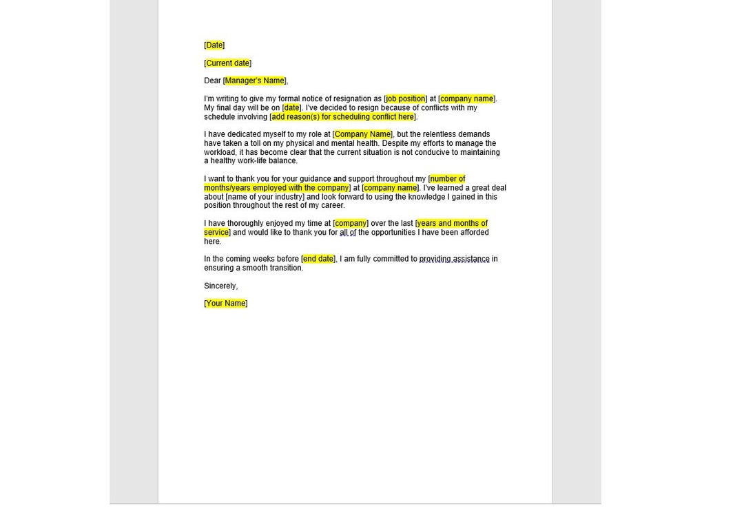 Editable Work Life Balance Resignation Letter Template, Resignation ...