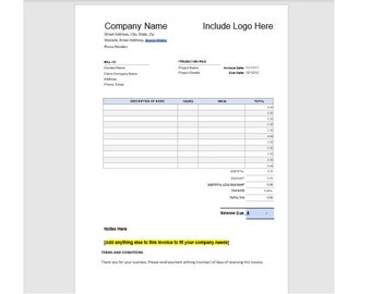 May include: A blank invoice template with fields for company name, address, contact information, project details, description of work, hours, rate, total, subtotal, discount, tax rate, total tax, and balance due. The template also includes space for notes and terms and conditions.