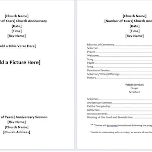 Op de afbeelding: Een tweepagina's kerkjubileumprogrammasjabloon met tekstvelden voor de kerknaam, datum, tijd en een bijbelvers. Het programma bevat een schema van evenementen, zoals een welkomstwoord, lied en preek.