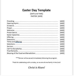 May include: A printable Easter Day program template with a list of events, including scripture, welcome, praise dance, Easter speeches, offering, and sermon. The text includes the phrase "Christ Is Risen!"