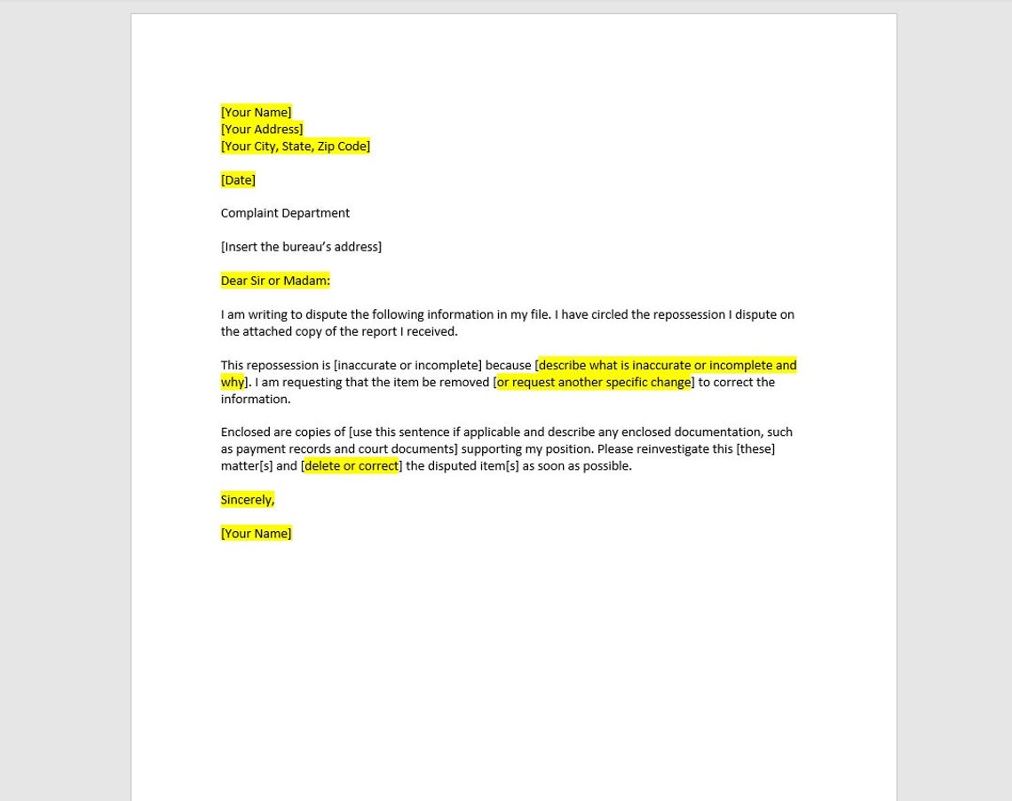 Repossession Dispute Letter Template, Repossession Dispute Letter Repossession Dispute Letter Template, Repossession Dispute Letter