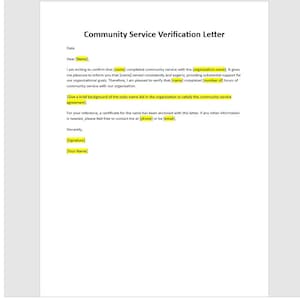 Plantilla de carta de verificación de servicio comunitario editable, plantilla de carta de verificación de servicio comunitario, verificación de servicio comunitario