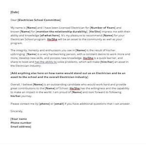Plantilla de carta de recomendación de la escuela de electricistas, Carta de recomendación de la escuela de electricistas, Plantilla de recomendación de la escuela de electricistas