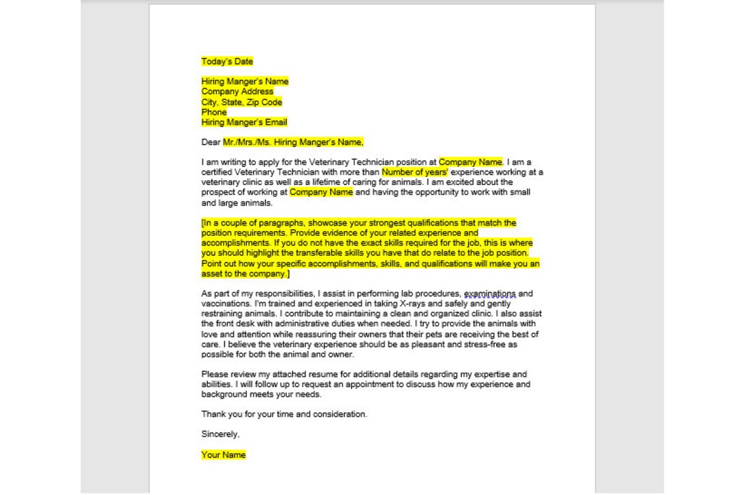 Veterinary Technician Cover Letter Cover Letter Template Etsy