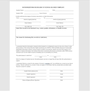 Editable Authorization for Release of School Records, Release of School Records, Authorization Template, Word Template, Letter Template