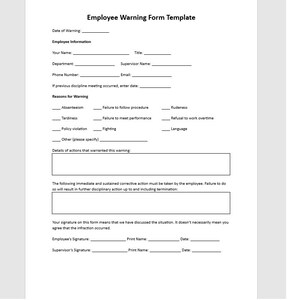 Könnte beinhalten: Eine schwarz-weiße druckbare Vorlage für ein Mitarbeiter-Warnformular. Das Formular enthält Abschnitte für Mitarbeiterinformationen, Gründe für die Warnung, Details zu den Maßnahmen, die die Warnung rechtfertigten, und Korrekturmaßnahmen. Das Formular enthält auch Platz für Unterschriften und Daten.