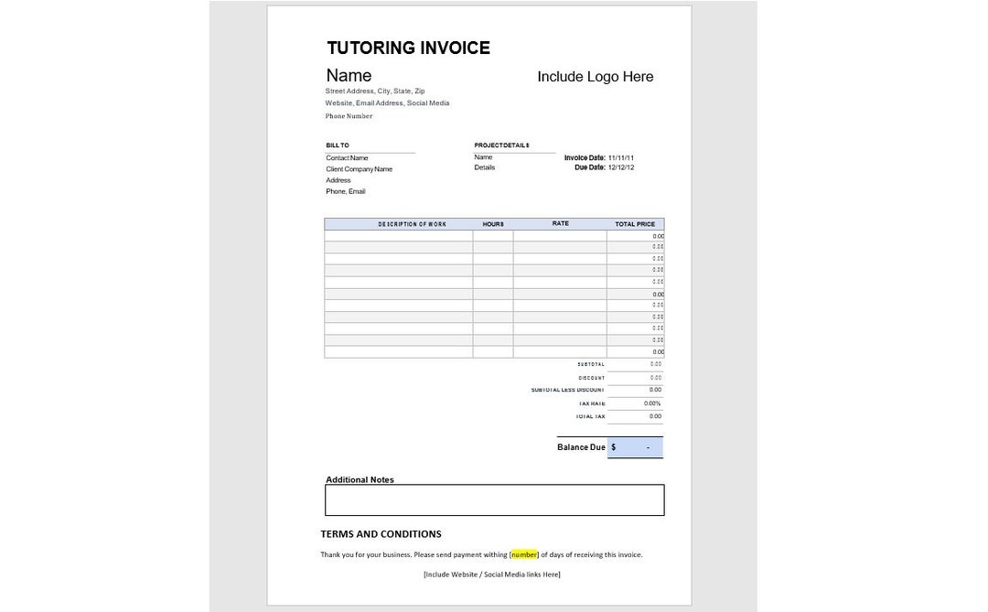 Editable Tutor Invoice Template, Tutoring Invoice Template, Word