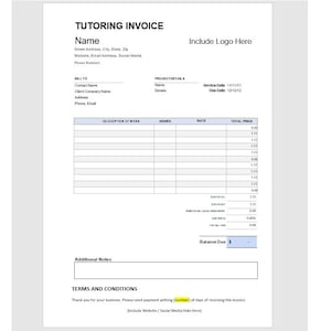 Tutoring Invoice Template - Etsy