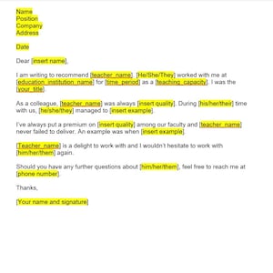 Carta de recomendación para un maestro, Plantilla de carta de recomendación para un maestro, Plantilla de Word, Carta simple, Plantilla editable