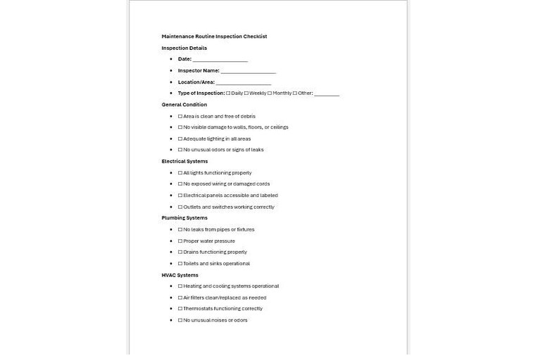 Maintenance Routine Inspection Checklist, Word Template, Simple ...