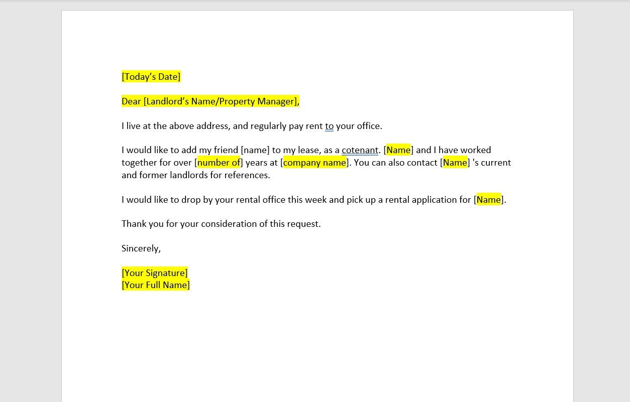 Requesting Permission to Add a Roommate, Sample Letter to Landlord, Add