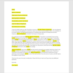 Carta de recomendación de la escuela de medicina veterinaria, carta de recomendación, carta de plantilla de recomendación, plantilla de Word, carta simple