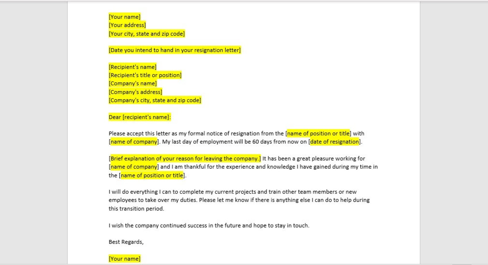 60 Day Resignation Letter Template, Resignation Letter, Resignation