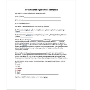Plantilla de acuerdo de alquiler de sofá editable, carta de acuerdo de alquiler de sofá, plantilla de acuerdo de alquiler de sofá, contrato de alquiler simple, plantilla de Word