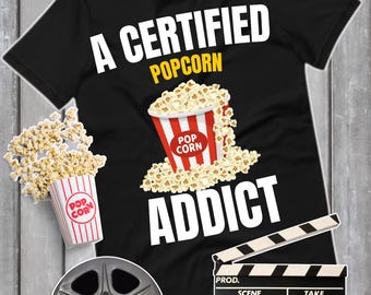 Un appassionato di popcorn certificato, amante del cinema, maglietta con snack da film, maglietta con design di popcorn, maglietta con cibo, regalo per gli amanti del cinema, maglietta per la serata cinema