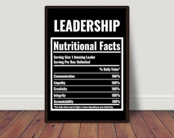 Leadership Nutritional Facts, Office Decor, Retirement Gift, Boss Gift, Inspirational Prints, Gift for a Leader, Leadership Gift, Home Decor