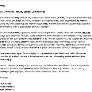 Plantilla de carta de recomendación de la escuela de fisioterapia, carta de recomendación de la escuela de fisioterapia, plantilla de recomendación de la escuela PT