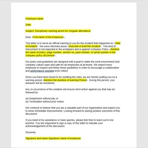 Carta de advertencia de incidentes disciplinarios, Plantilla de carta de advertencia del empleado, Carta de advertencia del empleado, Plantilla de palabra de advertencia del empleado