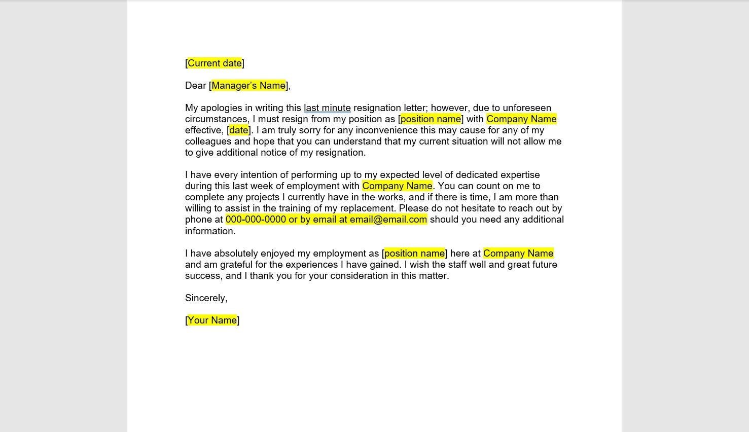 Last Minute Resignation Letter Template, Resignation Letter