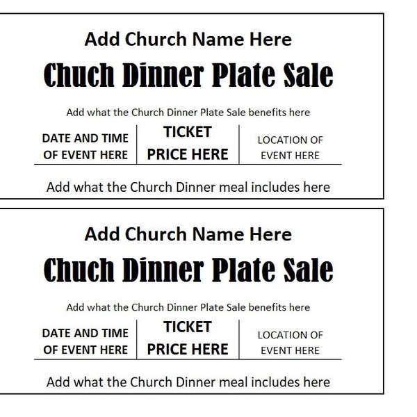 Church Dinner Plate Sale Ticket, Church Dinner Plate Sale Fundraiser Ticket, Church Dinner Plate Sale Ticket Printables, Ticket Printable
