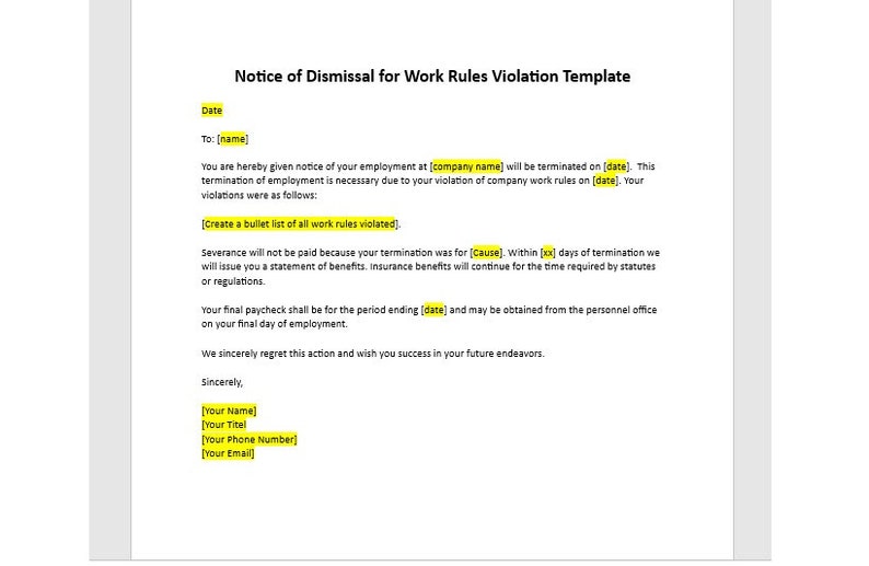 Rule Violation Termination Letter Template, Cause Termination Letter