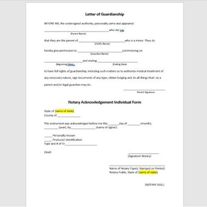 Formulario de carta de tutela, plantilla de formulario de reconocimiento notarial, reconocimiento notarial, carta simple, plantilla de Word